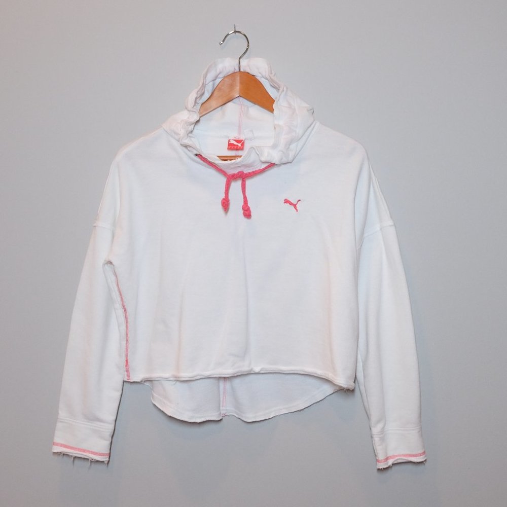 Puma White & Pink Hoodie Crop High-Low Drop Shoulder Sweatshirt